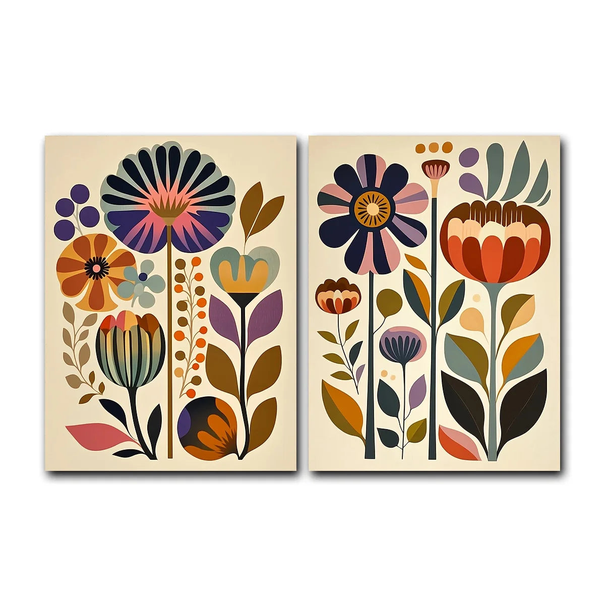 Boho Floral Canvas Wall Art Set of 2 | Nordic Scandinavian Print, Unframed