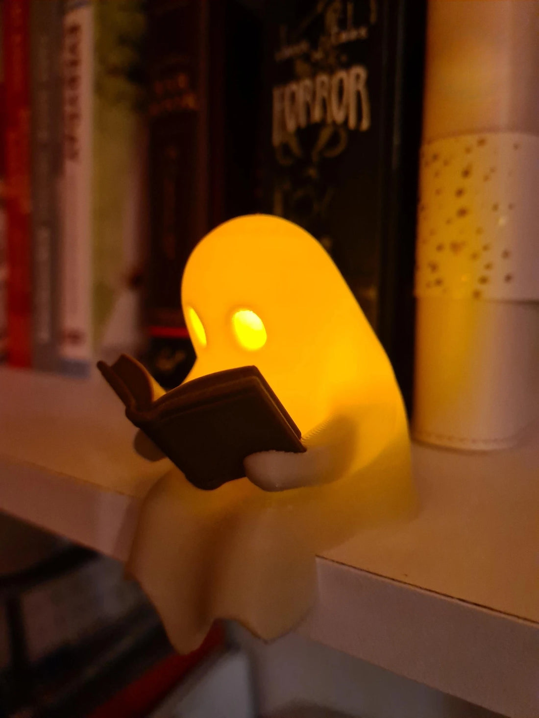 Reading Ghost Shelf Sitter with Flickering Tealight
