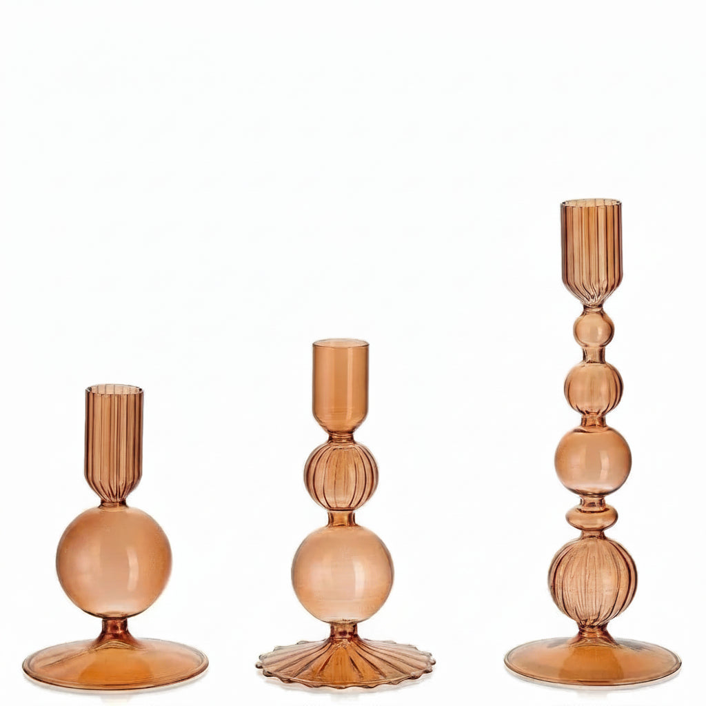 Glass Taper Candlestick Holders | Set of 3 Handmade Groovy & Wavy Styles for Home & Events