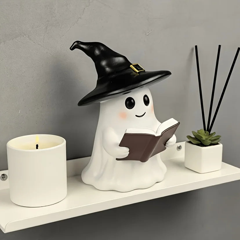 Ghost Reading Statue with Witch Hat – Halloween Tabletop Décor