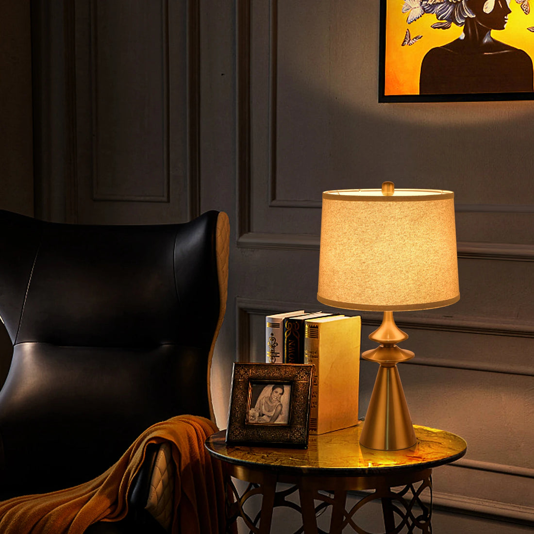24" Gold Table Lamp | Modern Brass Base with Beige Linen Shade