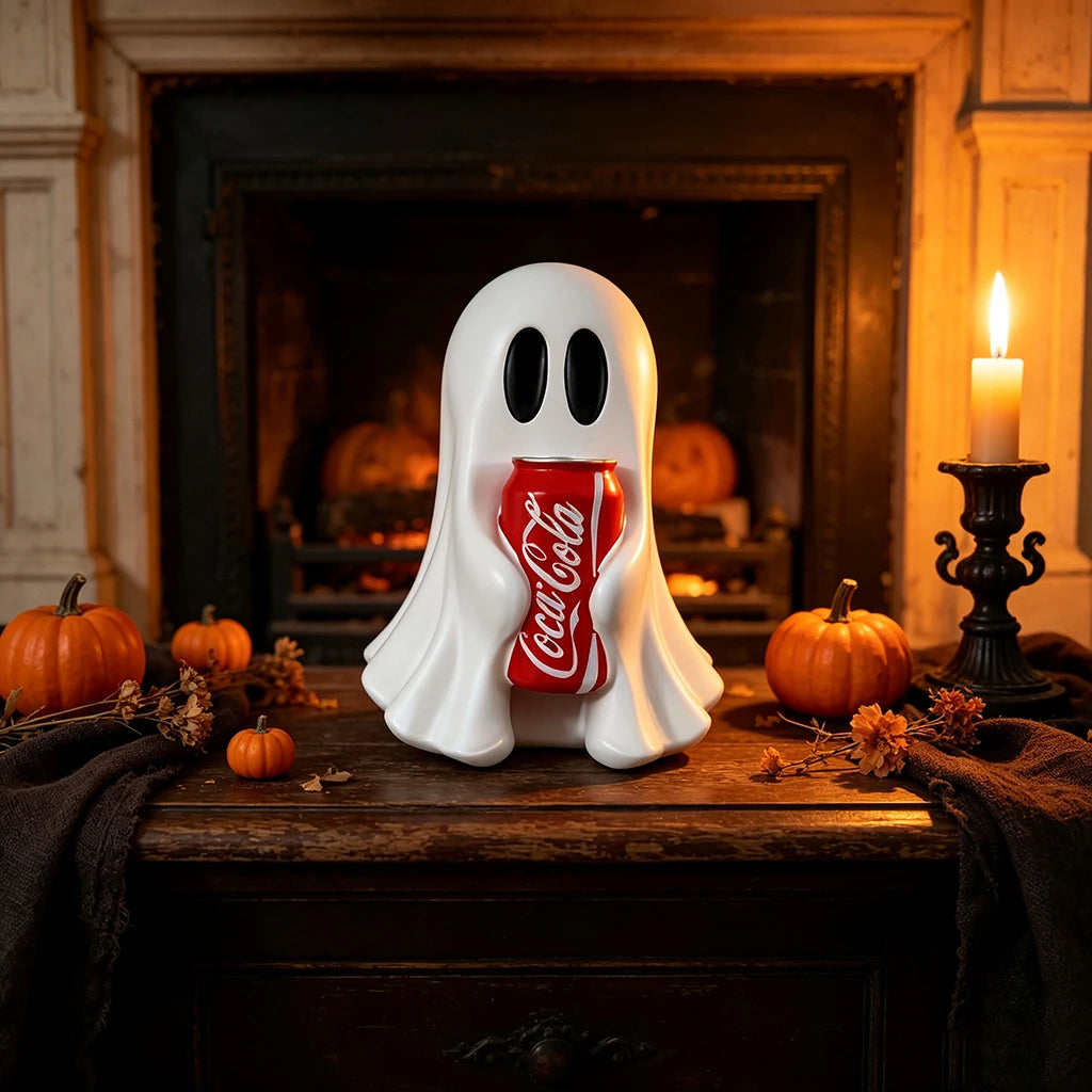 Ghost Resin Figurine Holding Cola Can – Kawaii Halloween Desk Décor