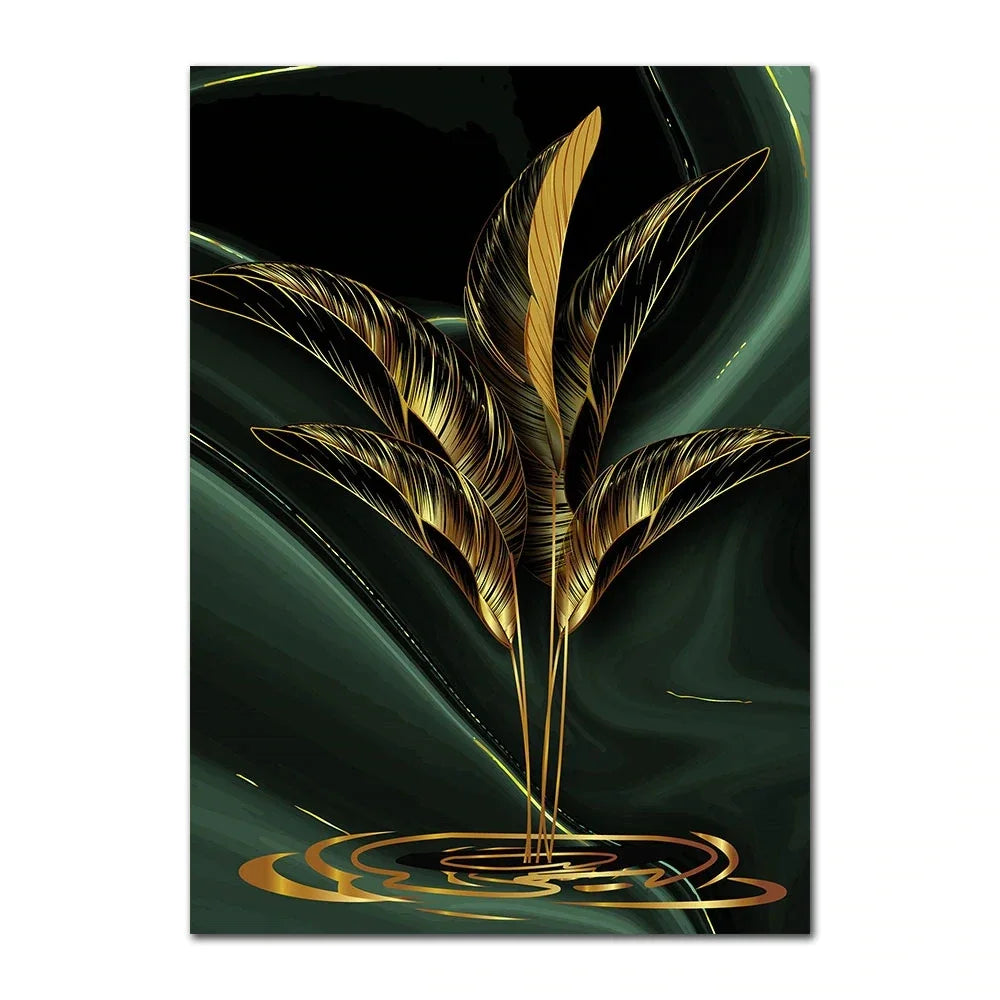 Gold Leaves Abstract Canvas Wall Art | Modern Black & Gold Print