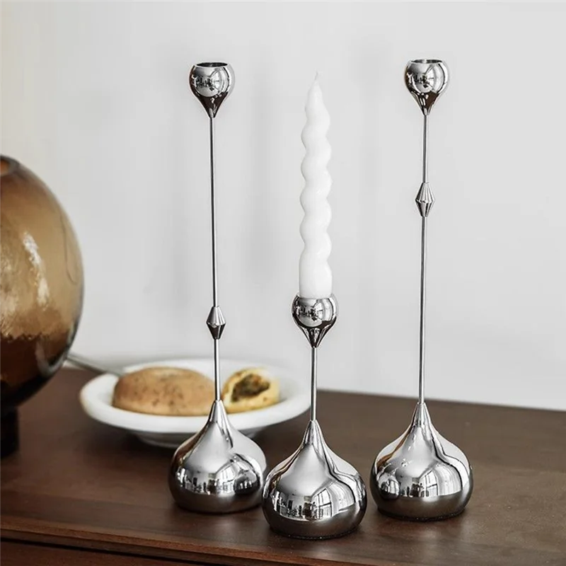 Silver Teardrop Metal Candlestick Holders – Set of 3