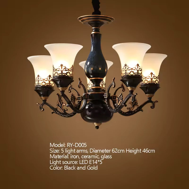 French Retro LED Chandelier – Ceramic Shade, 3/5/6/8 Arms