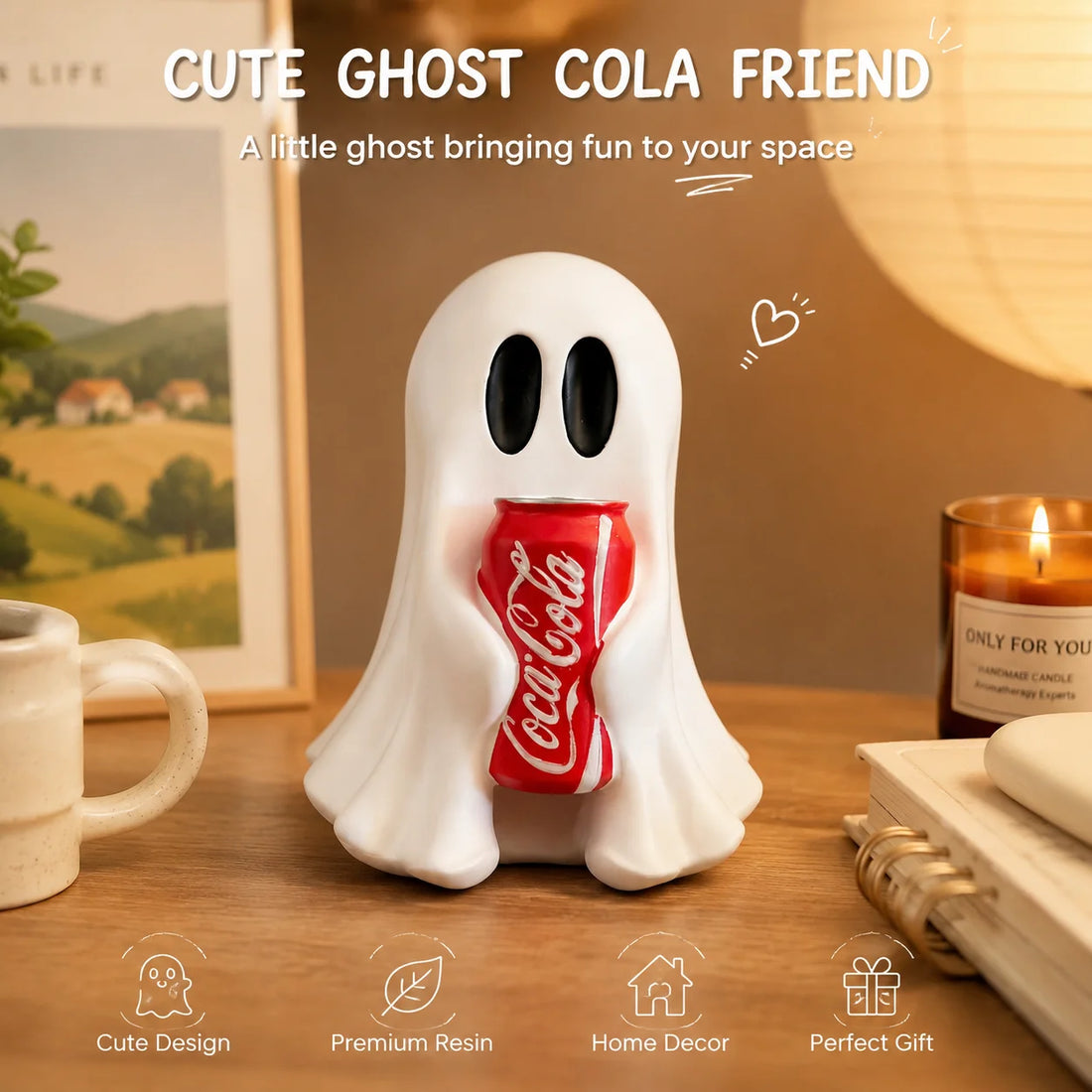 Ghost Resin Figurine Holding Cola Can – Kawaii Halloween Desk Décor