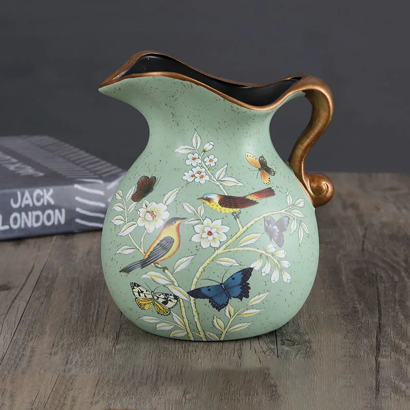 Hand-Painted Bird & Peony Ceramic Vase – European Style