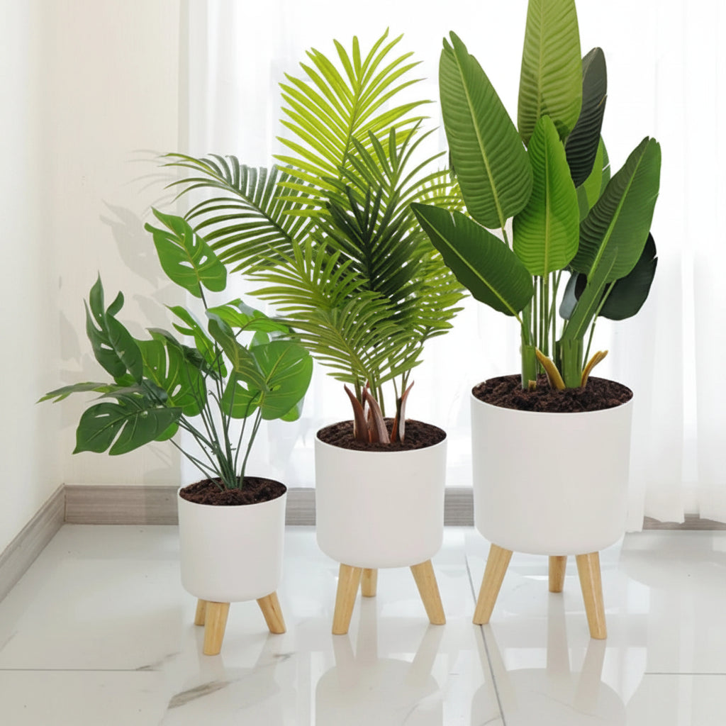 Self-Watering Round Planter with Wooden Legs