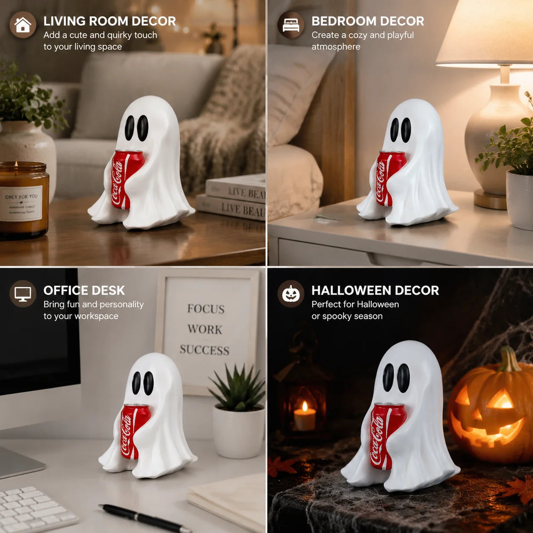 Ghost Resin Figurine Holding Cola Can – Kawaii Halloween Desk Décor
