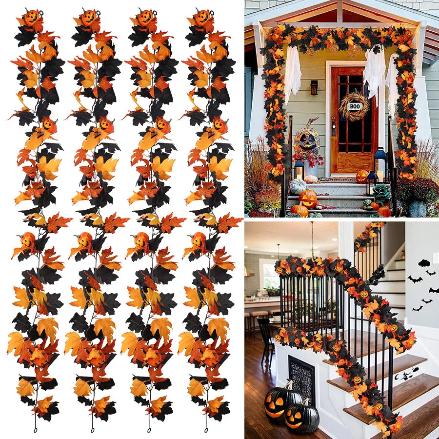 Black Fall Leaf & 3D Pumpkin Garland | Halloween Fireplace Decor