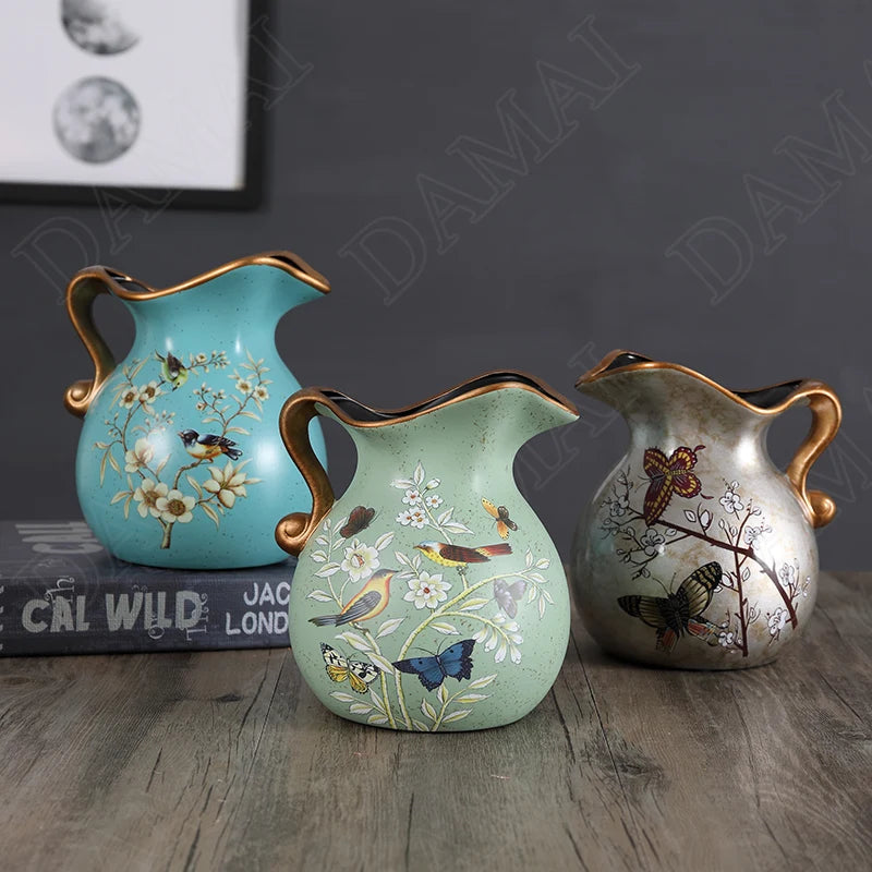 Hand-Painted Bird & Peony Ceramic Vase – European Style
