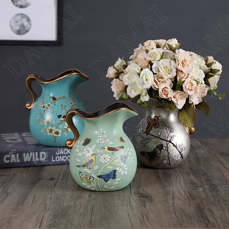 Hand-Painted Bird & Peony Ceramic Vase – European Style