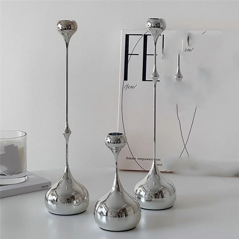 Silver Teardrop Metal Candlestick Holders – Set of 3