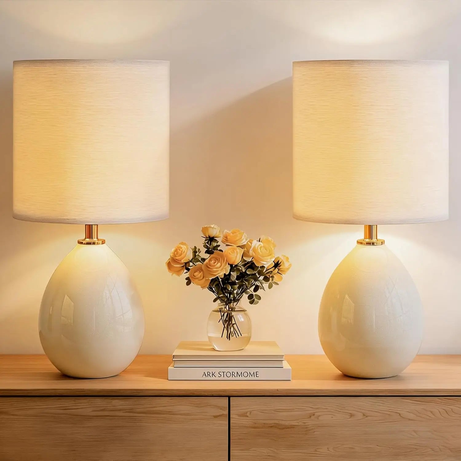 Ceramic Table Lamps Set of 2 | Dimmable Linen Shade Bedside Lamps