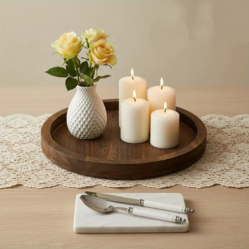 Round Solid Wood Candle Tray – Rustic Tabletop Décor