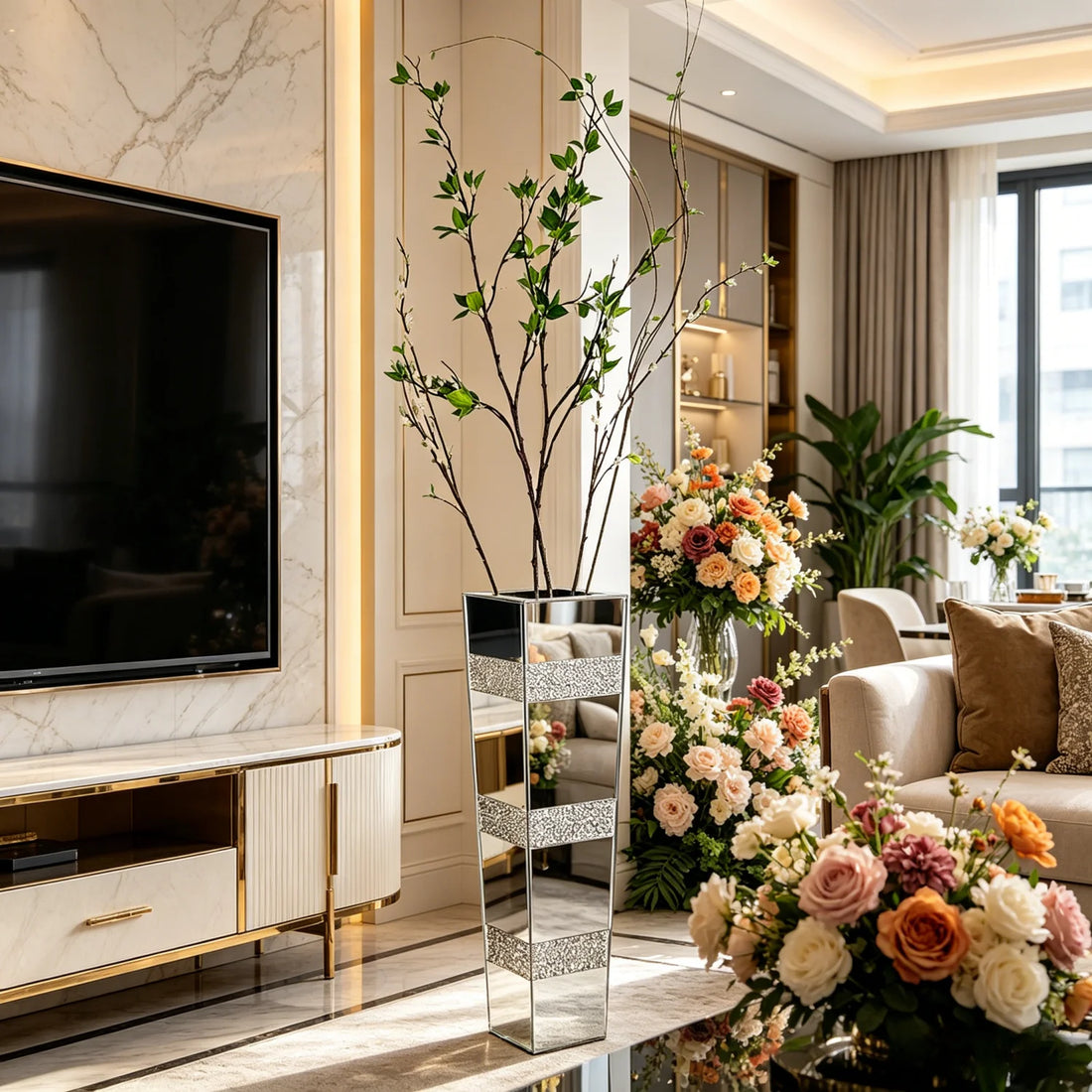 Luxury Silver Mirrored Floor Vase
