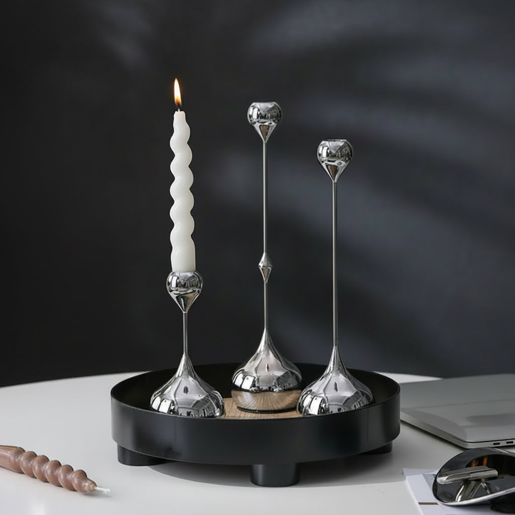 Silver Teardrop Metal Candlestick Holders – Set of 3