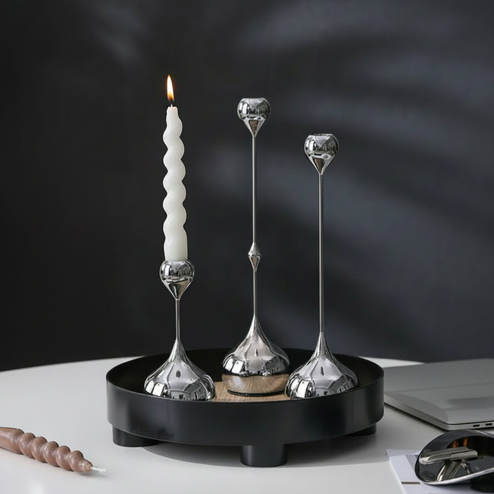Silver Teardrop Metal Candlestick Holders – Set of 3