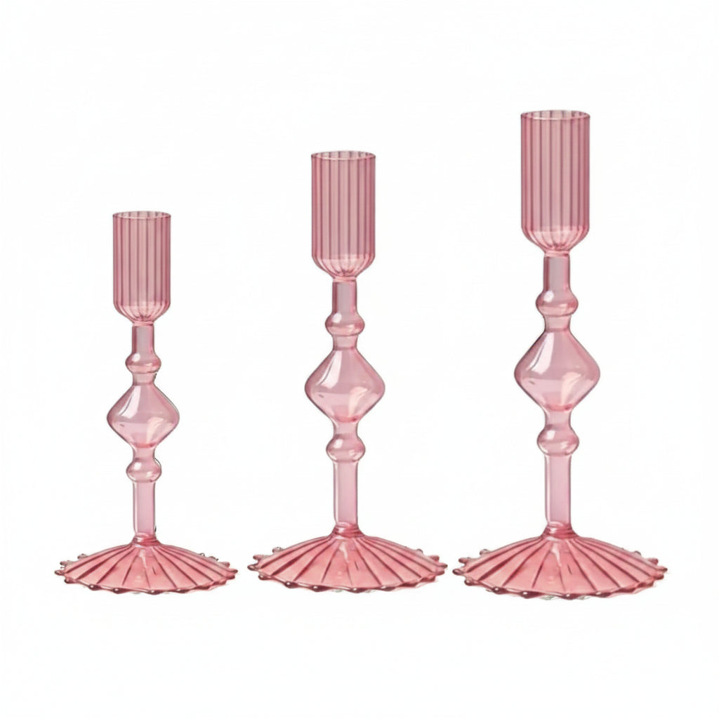 Glass Taper Candlestick Holders | Set of 3 Handmade Groovy & Wavy Styles for Home & Events