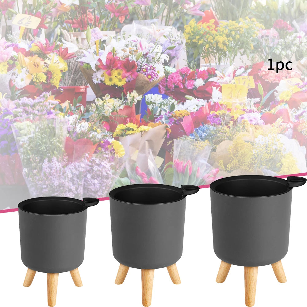 Self-Watering Round Planter with Wooden Legs