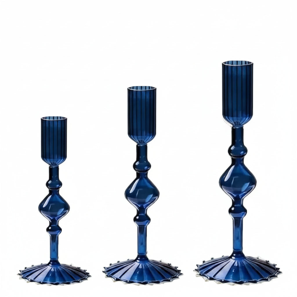 Glass Taper Candlestick Holders | Set of 3 Handmade Groovy & Wavy Styles for Home & Events