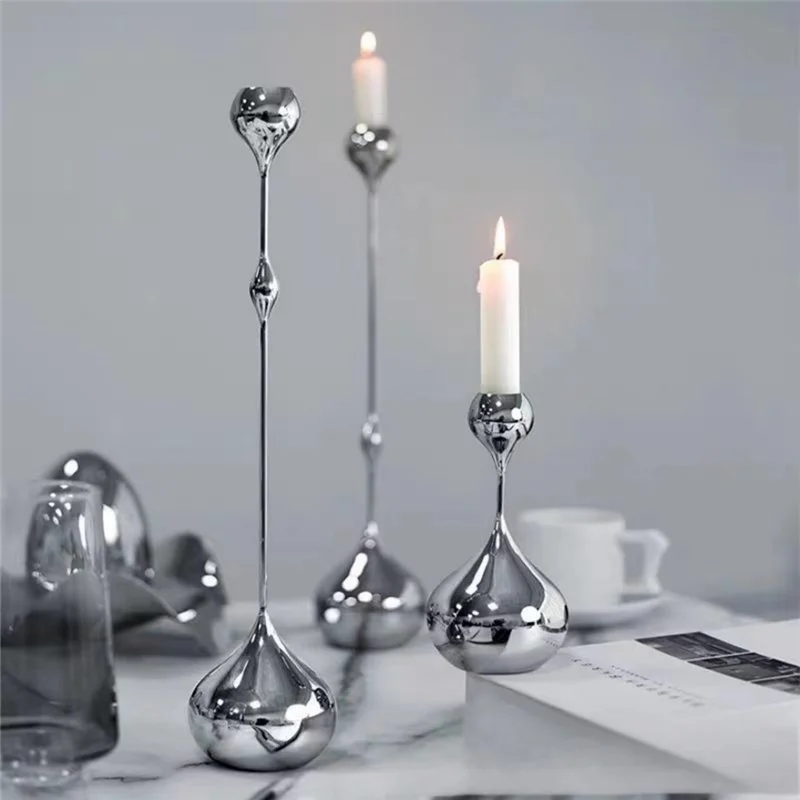 Silver Teardrop Metal Candlestick Holders – Set of 3