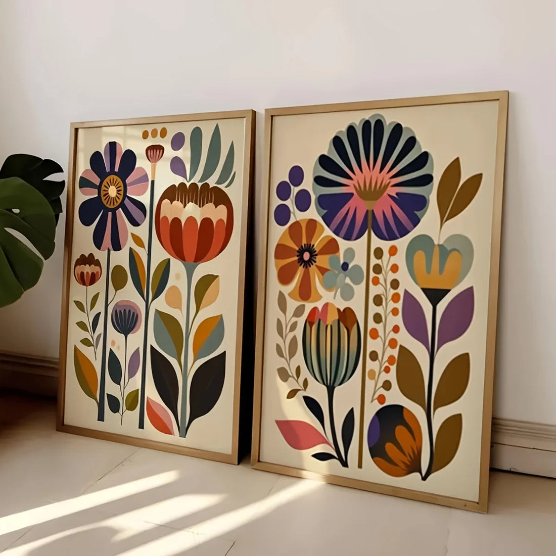 Boho Floral Canvas Wall Art Set of 2 | Nordic Scandinavian Print, Unframed