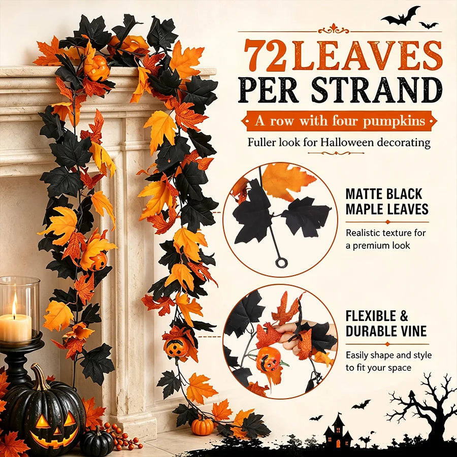Black Fall Leaf & 3D Pumpkin Garland | Halloween Fireplace Decor