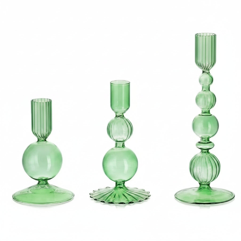 Glass Taper Candlestick Holders | Set of 3 Handmade Groovy & Wavy Styles for Home & Events