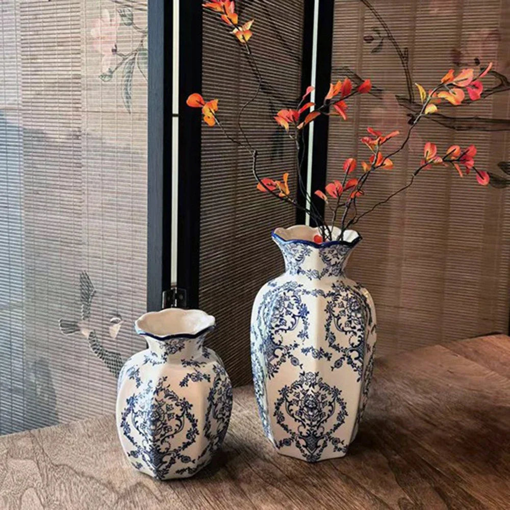 Blue & White Porcelain Vase Set – Hand-Painted Tabletop Décor