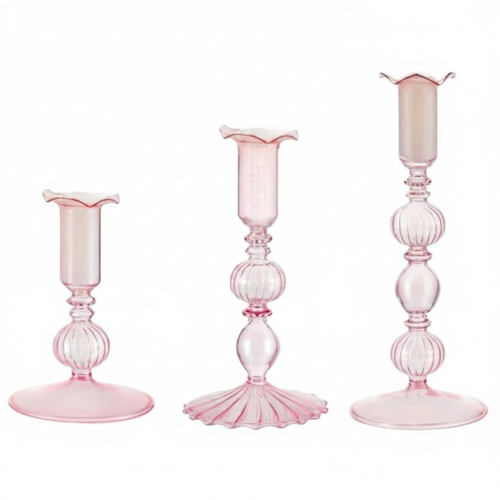 Glass Taper Candlestick Holders | Set of 3 Handmade Groovy & Wavy Styles for Home & Events