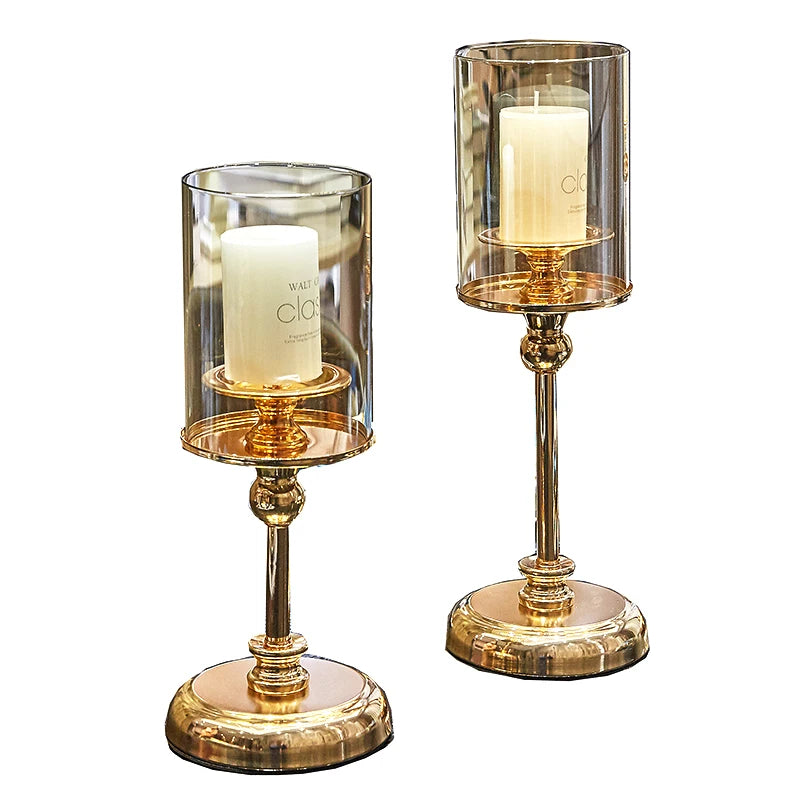 Golden Glass Pillar Candle Holder | Wedding & Event Table Decor