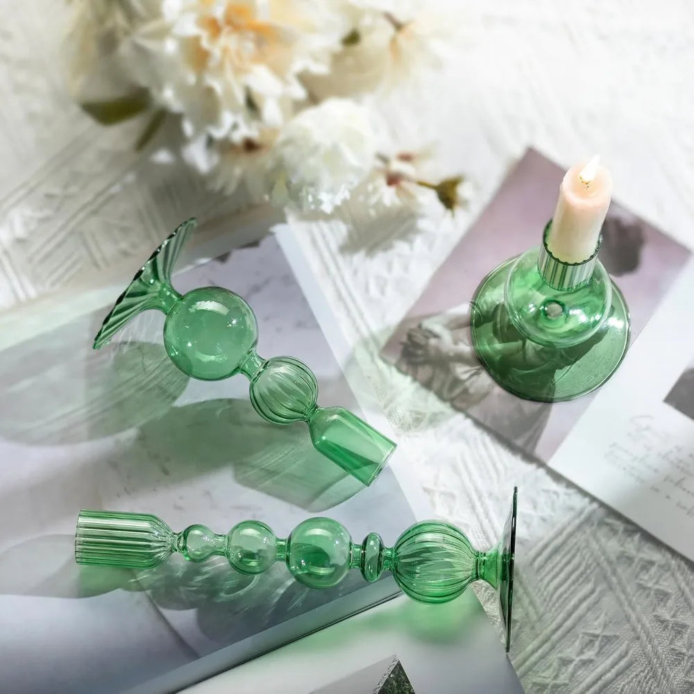 Glass Taper Candlestick Holders | Set of 3 Handmade Groovy & Wavy Styles for Home & Events