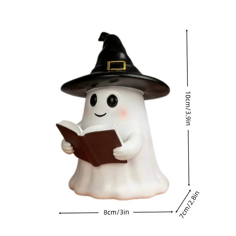 Ghost Reading Statue with Witch Hat – Halloween Tabletop Décor