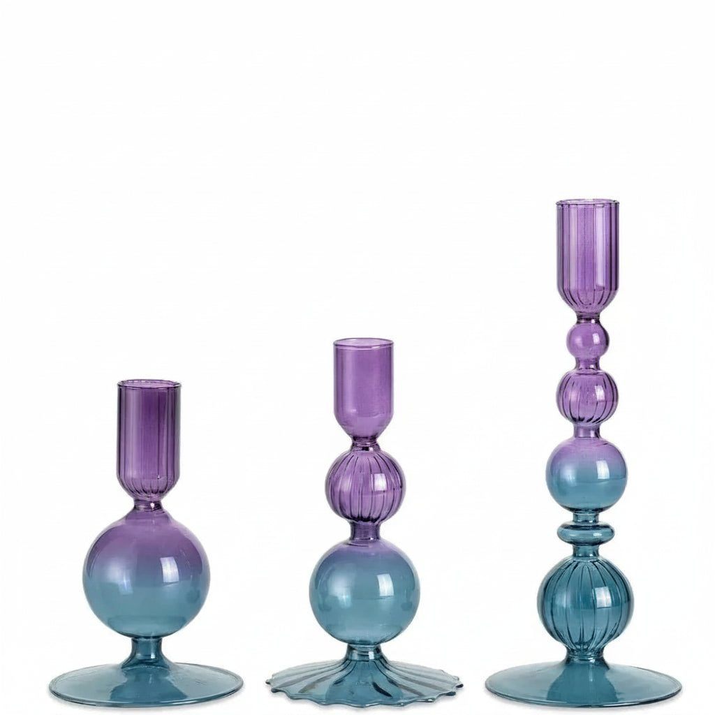 Glass Taper Candlestick Holders | Set of 3 Handmade Groovy & Wavy Styles for Home & Events