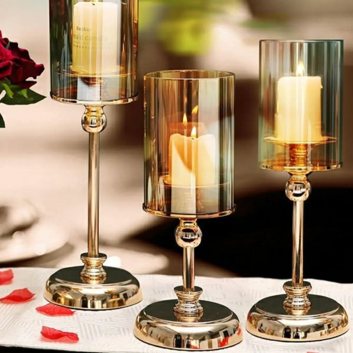 Golden Glass Pillar Candle Holder | Wedding & Event Table Decor