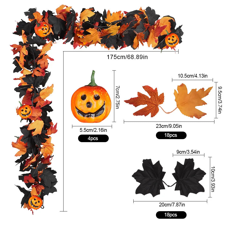 Black Fall Leaf & 3D Pumpkin Garland | Halloween Fireplace Decor