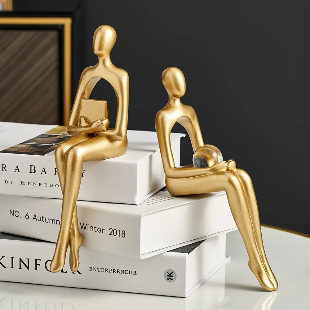 Gold Thinker Resin Sculpture | Modern Bookshelf & Desk Figurine