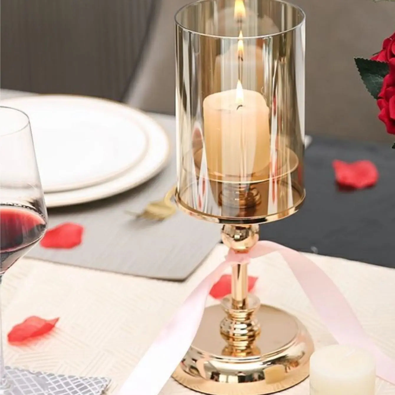 Golden Glass Pillar Candle Holder | Wedding & Event Table Decor