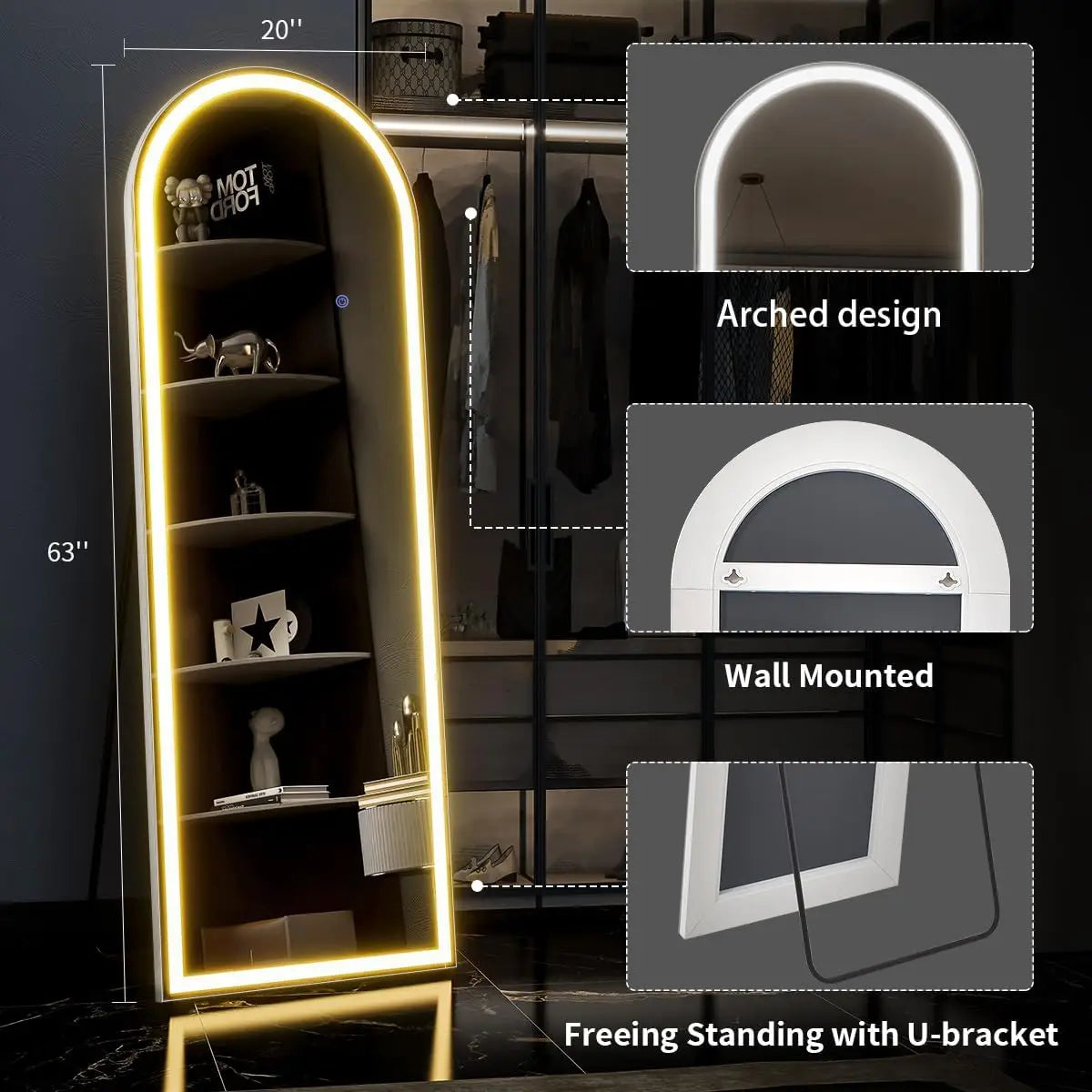 63" x 20" Arched LED Full Length Floor Mirror with Stand