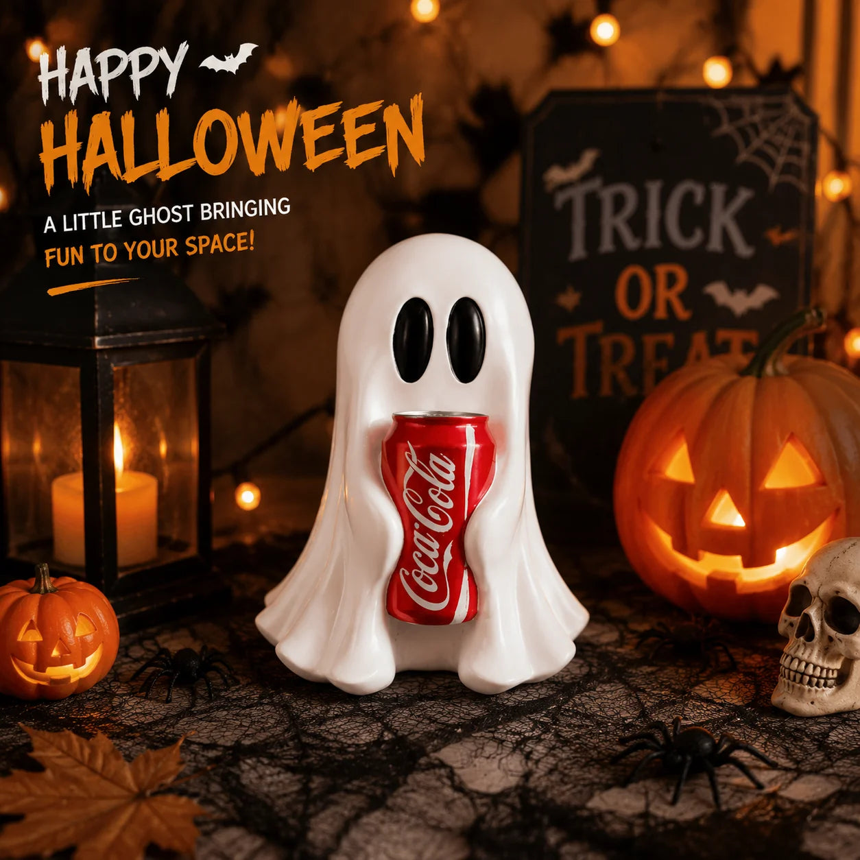 Ghost Resin Figurine Holding Cola Can – Kawaii Halloween Desk Décor