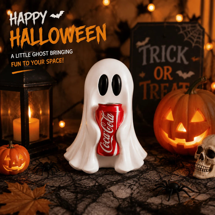 Ghost Resin Figurine Holding Cola Can – Kawaii Halloween Desk Décor