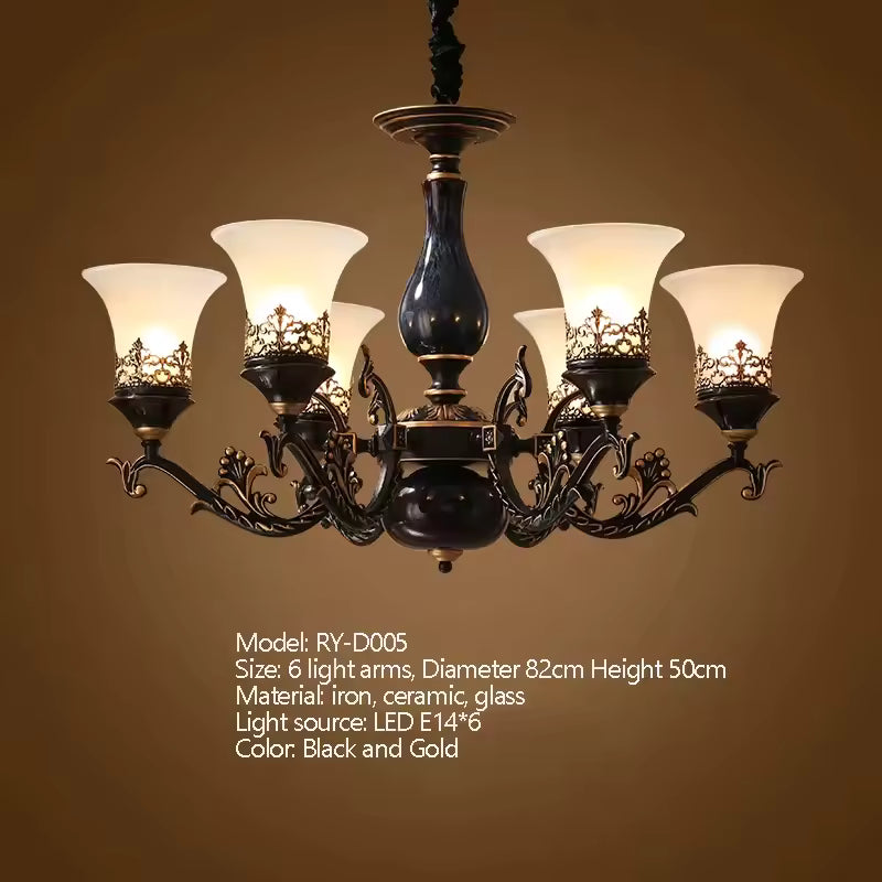 French Retro LED Chandelier – Ceramic Shade, 3/5/6/8 Arms