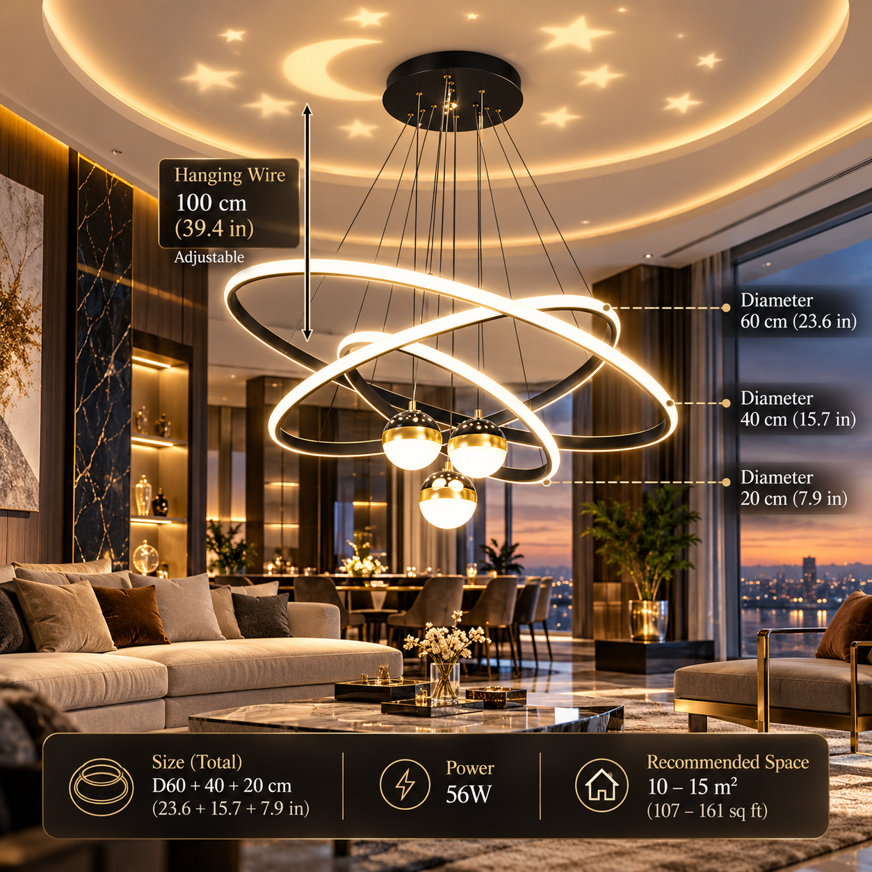 Circle Rings LED Pendant Light | Aluminum Body | Multi-Color Temperature