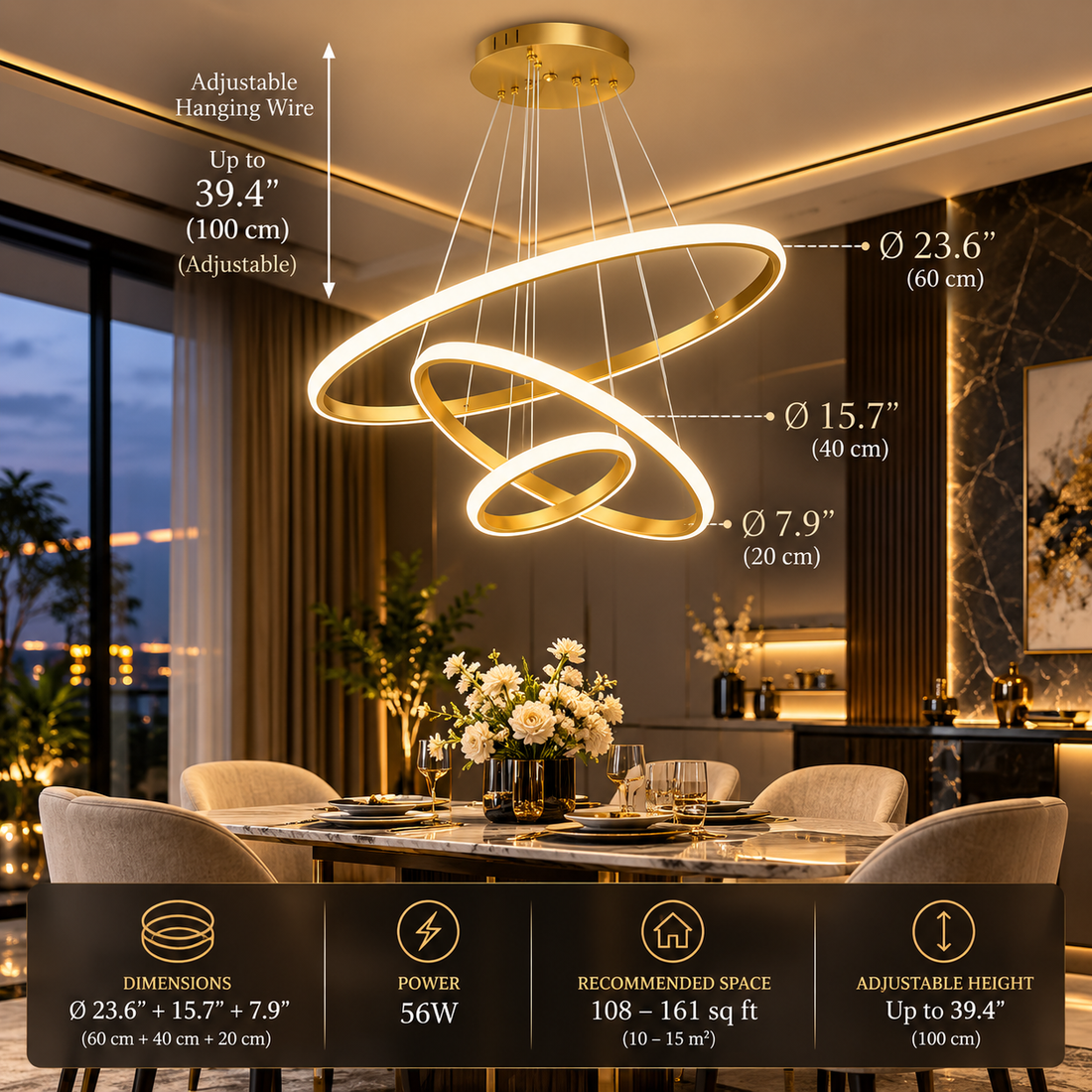 Circle Rings LED Pendant Light | Aluminum Body | Multi-Color Temperature