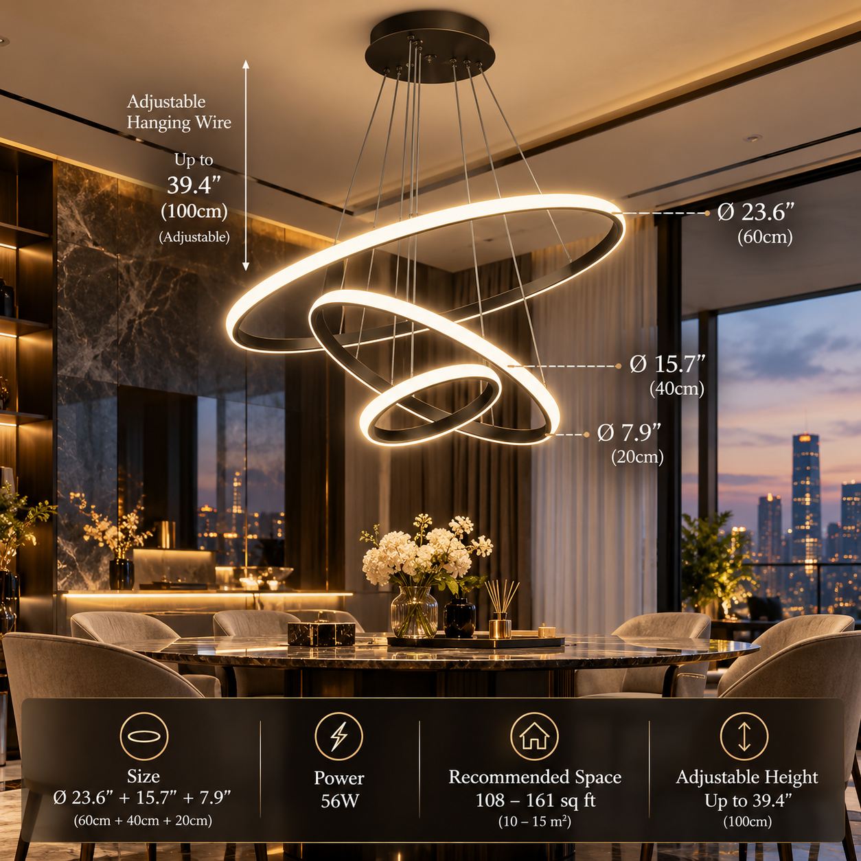 Circle Rings LED Pendant Light | Aluminum Body | Multi-Color Temperature