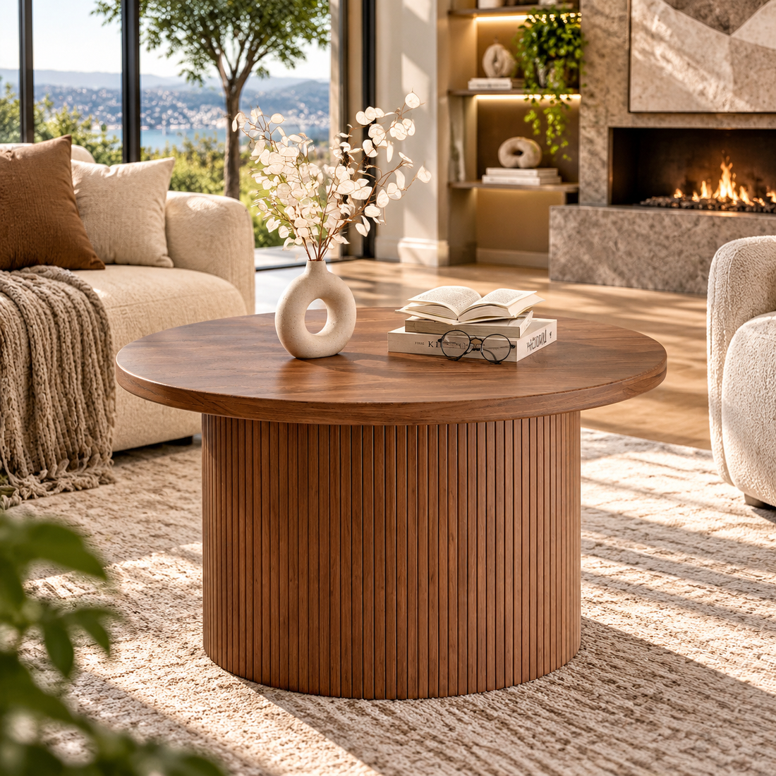 Round Tambour Wood Coffee Table