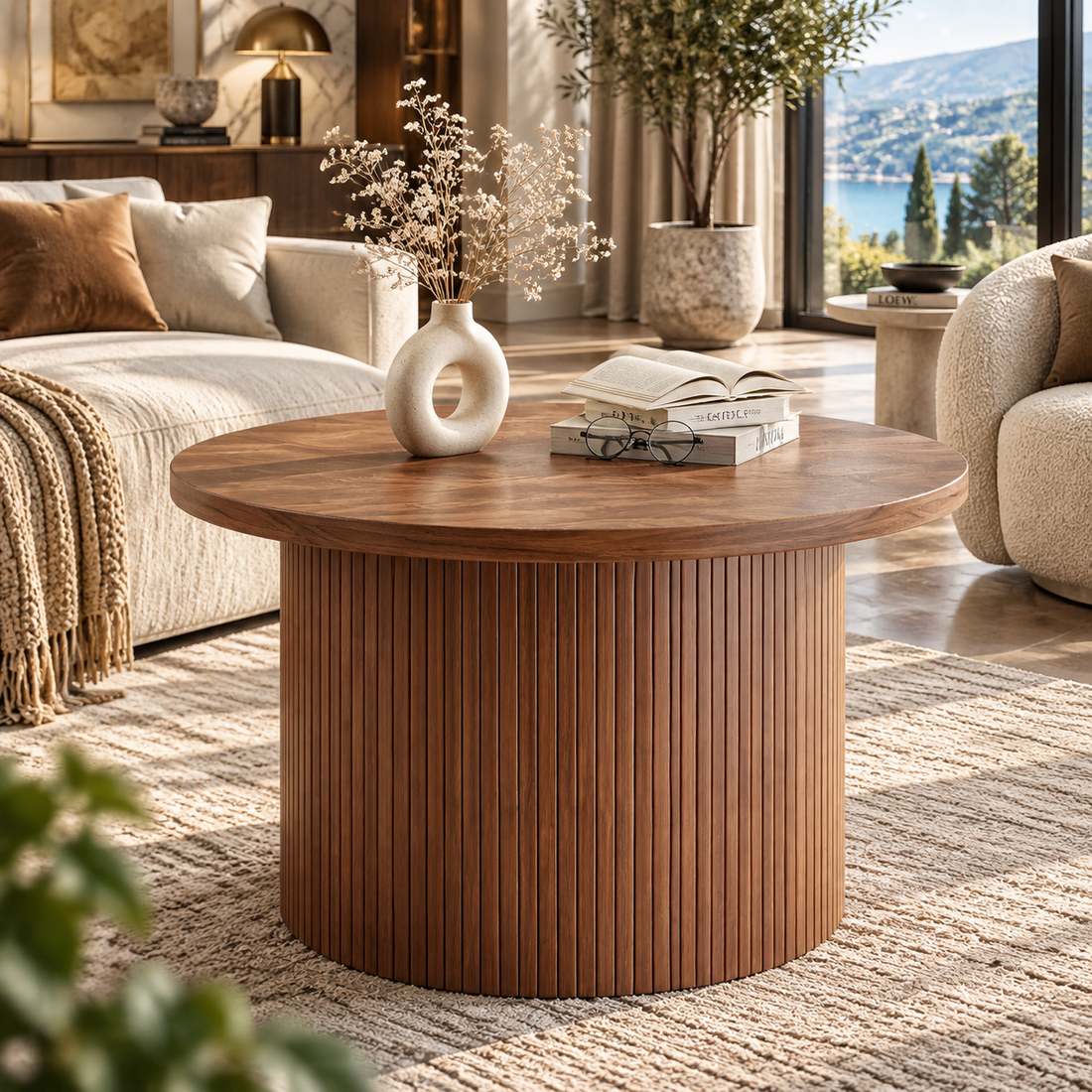 Round Tambour Wood Coffee Table