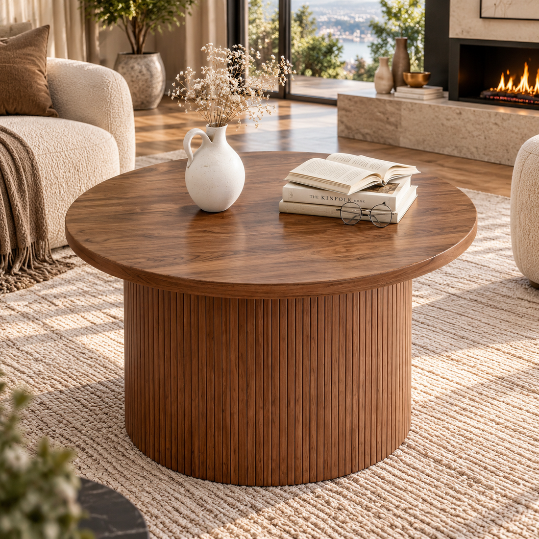 Round Tambour Wood Coffee Table