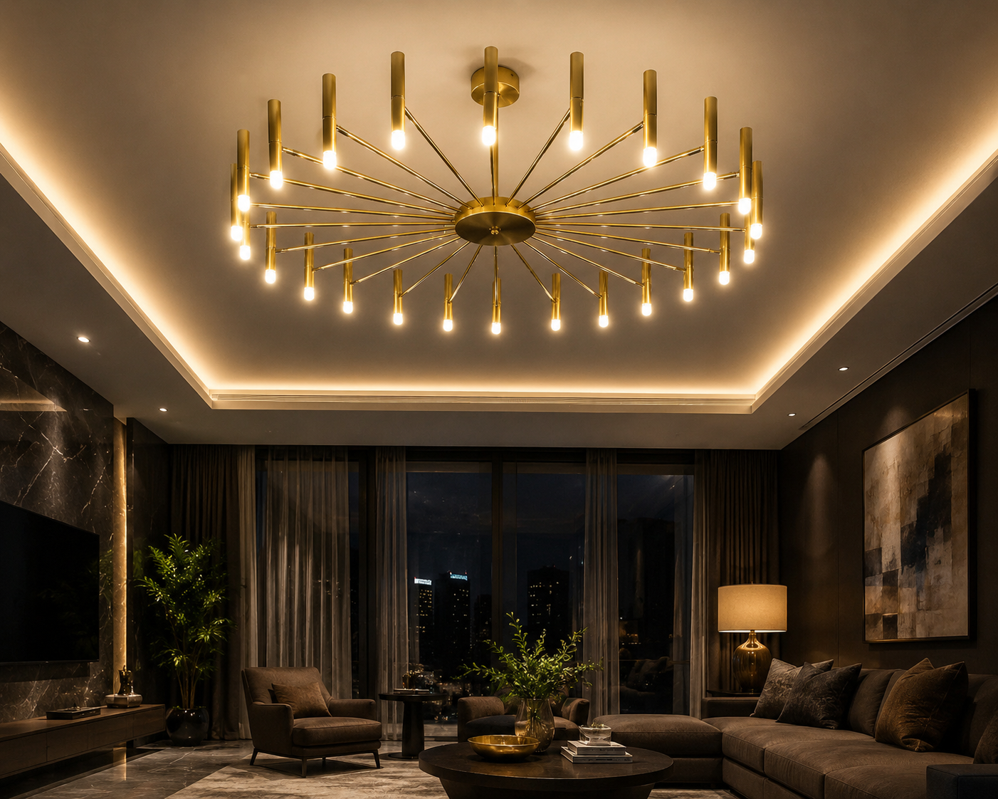 Modern Multi-Head Pendant Chandelier in Black & Gold